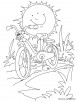 Cartoon racing bicycle against the sun coloring page