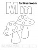 M for mushroom coloring page with handwriting practice