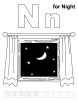 N for night coloring page with handwriting practice
