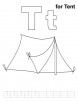 T for tent coloring page with handwriting practice