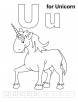 U for unicorn coloring page with handwriting practice