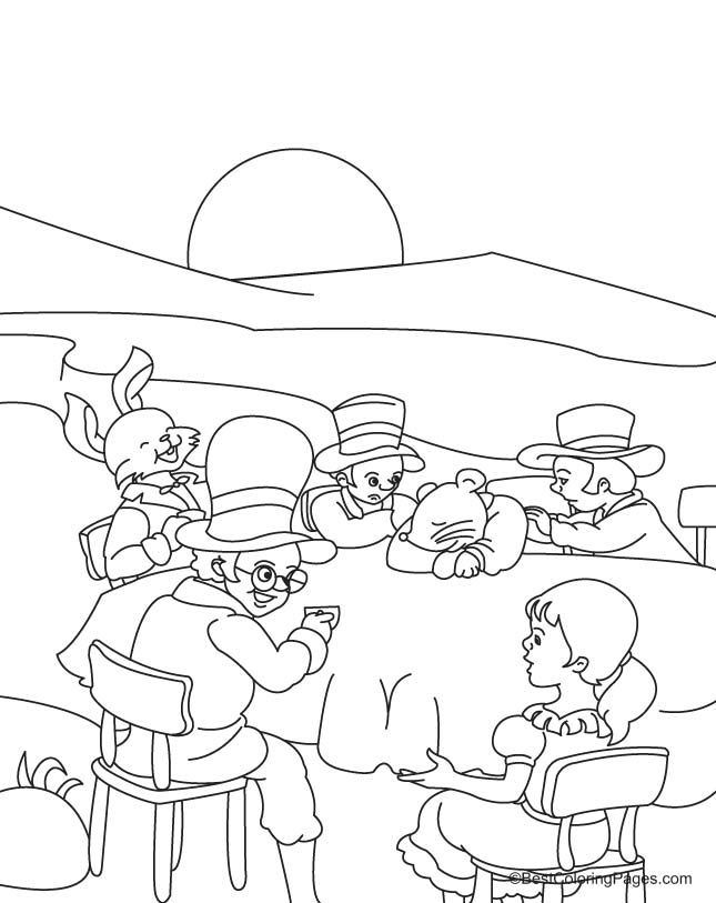 Alice at tea party coloring page