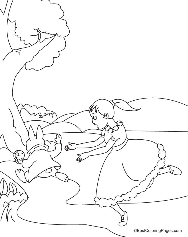 Alice ran behind the rabbit coloring page