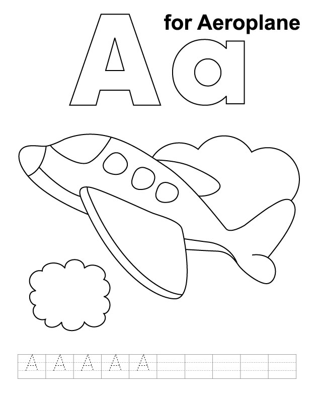 A for aeroplane coloring page with handwriting practice