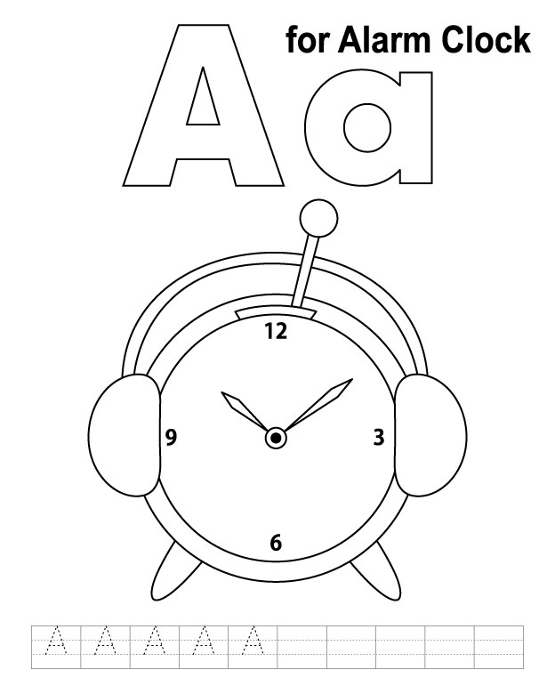 A for alarm clock coloring page with handwriting practice