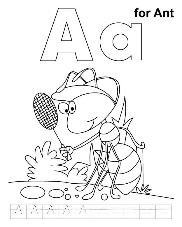 A for ant coloring page with handwriting practice