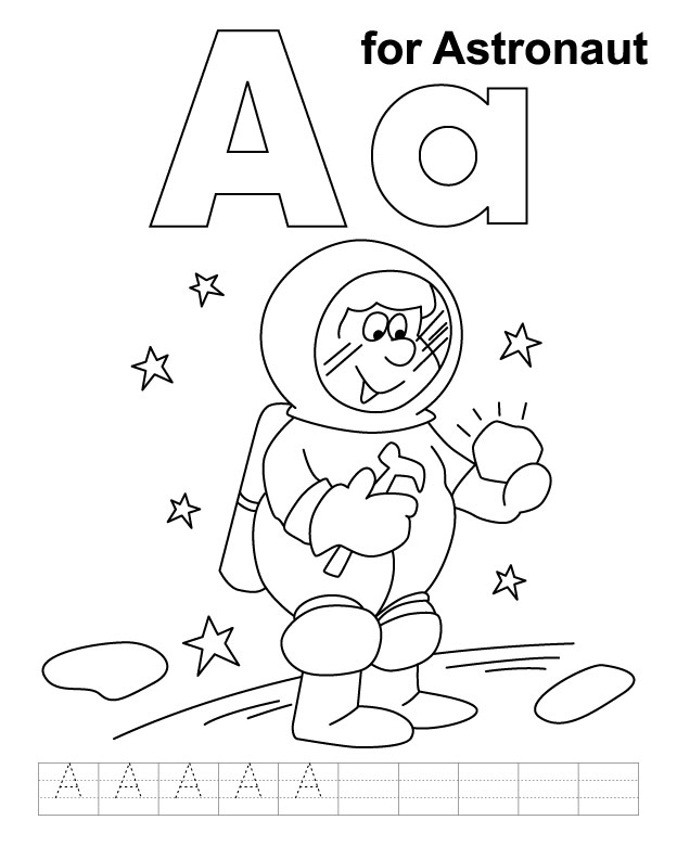 A for astronaut coloring page with handwriting practice