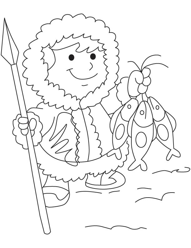 An Eskimo with fish coloring page