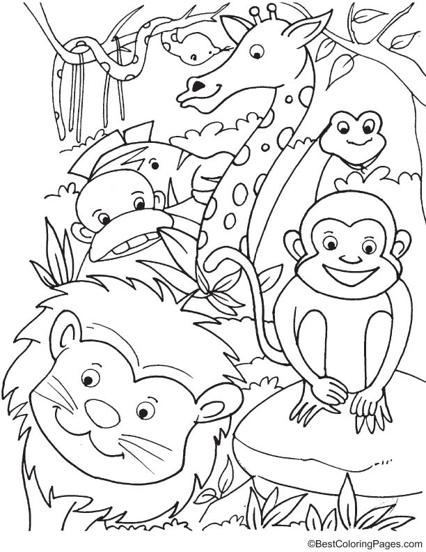 Animals in forest coloring page
