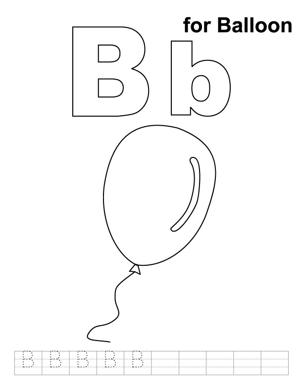 B for balloon coloring page with handwriting practice