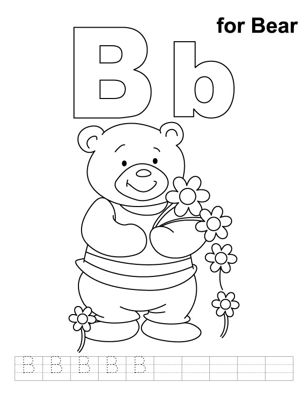 B for bear coloring page with handwriting practice