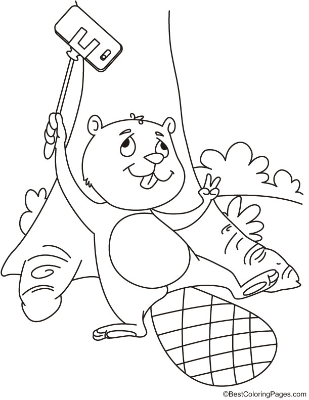 Beaver taking selfie with stick coloring page