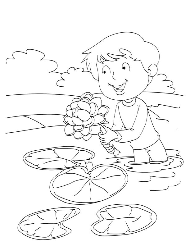 Boy offering lotus coloring page