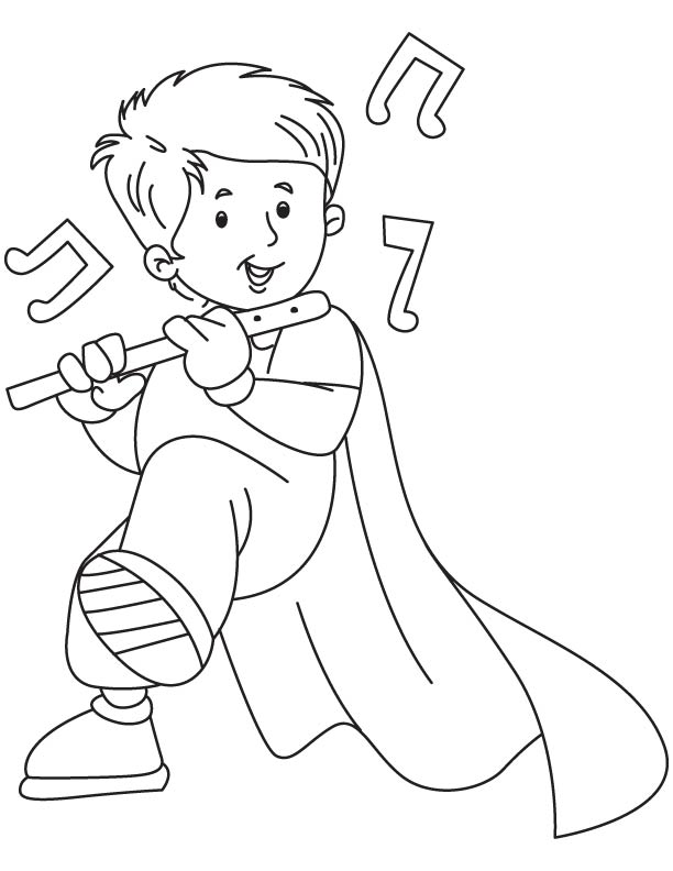 Boy playing flute coloring page