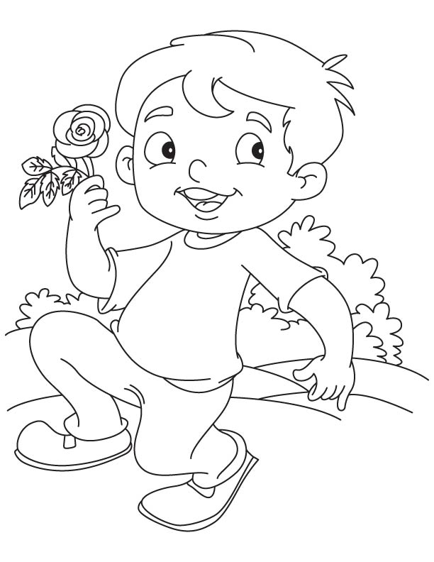 Boy playing with rose coloring page