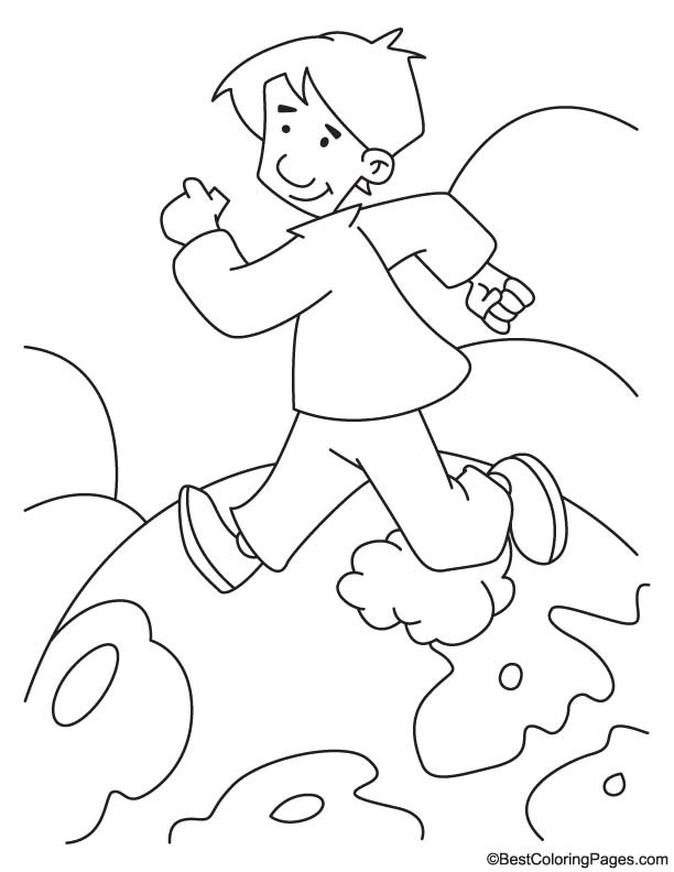 Boy running on earth coloring page