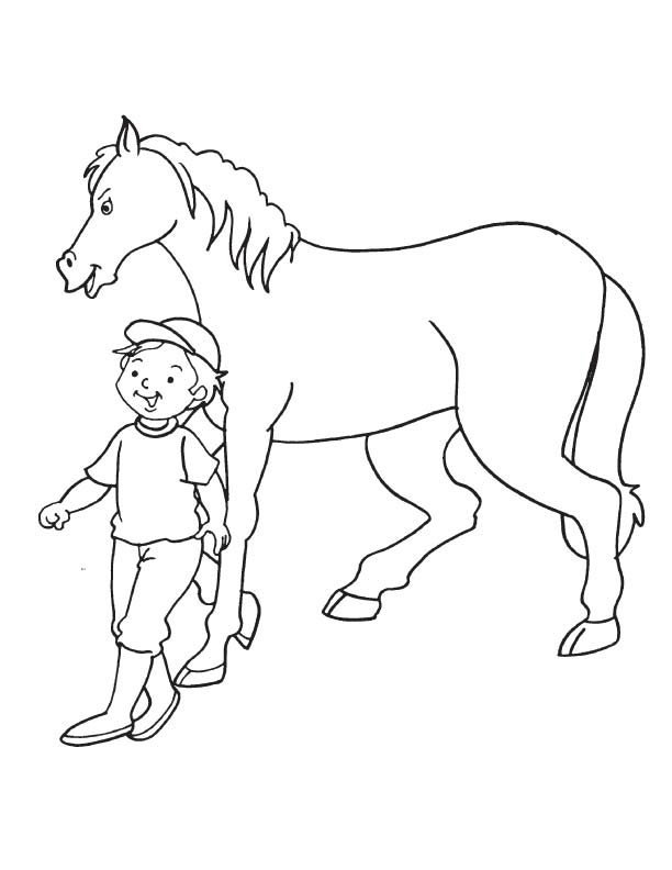 Boy walking with horse coloring page