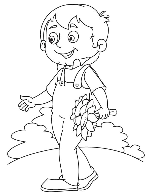 Boy with sunflower coloring page