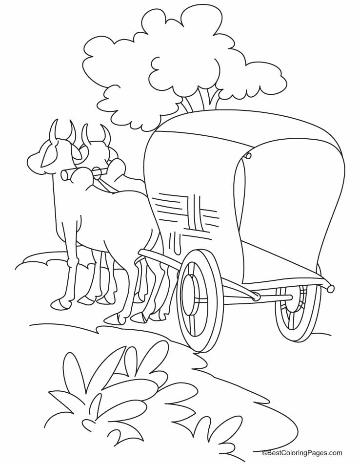 Bullock cart standing on the road coloring pages