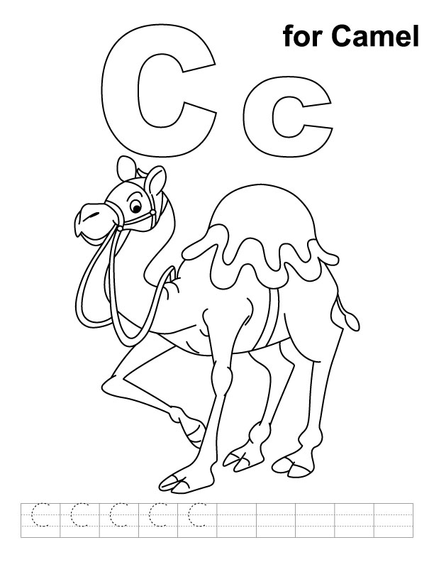C for camel coloring page with handwriting practice  	