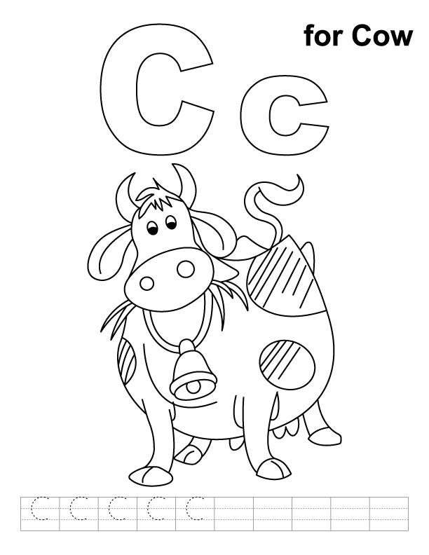C for cow coloring page with handwriting practice  	