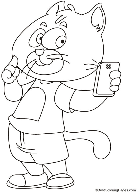 Cat taking selfie pose coloring page