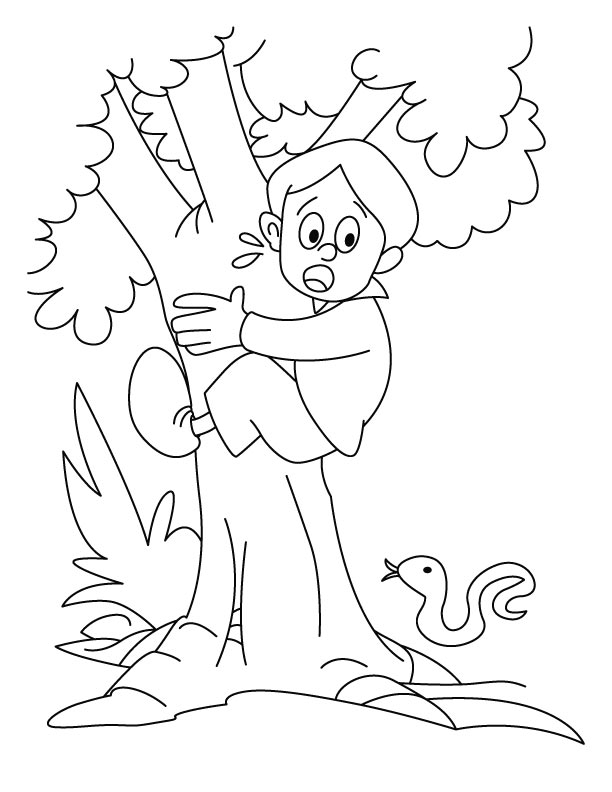 A boy is climbing on the tree coloring pages