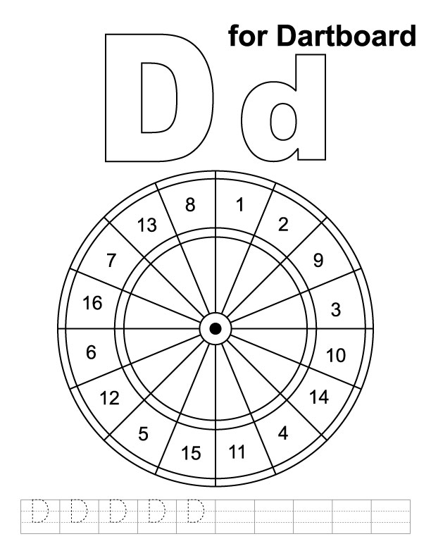 D for dartboard coloring page with handwriting practice 