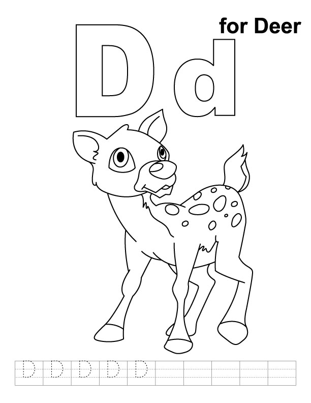 D for deer coloring page with handwriting practice 
