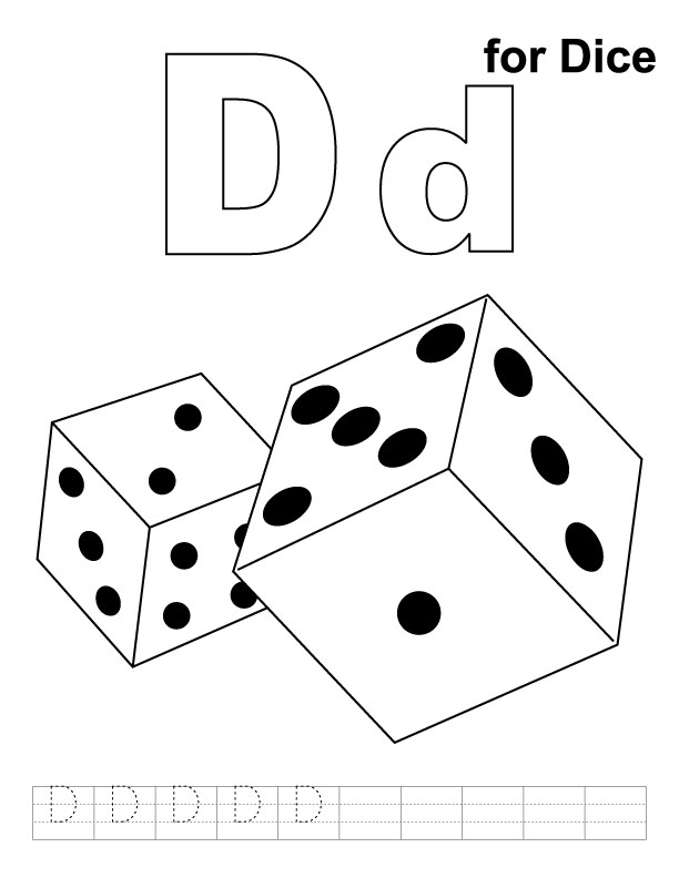 D for dice coloring page with handwriting practice 