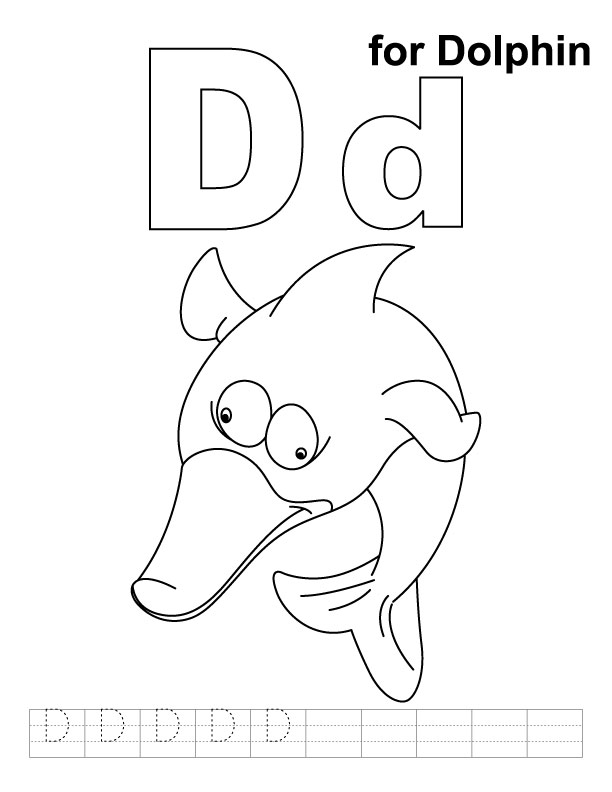 D for dolphin coloring page with handwriting practice 