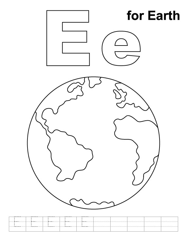 E for earth coloring page with handwriting practice 