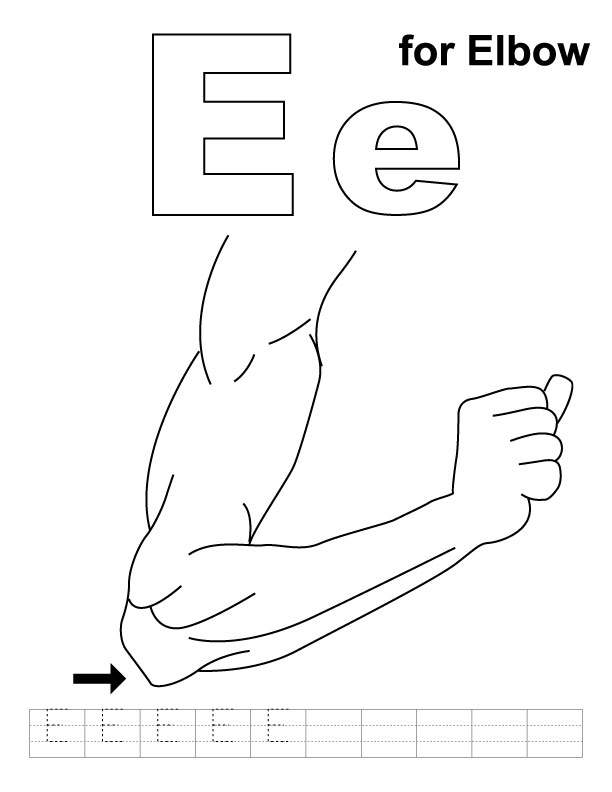 E for elbow coloring page with handwriting practice 