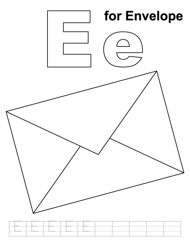 E for envelope coloring page with handwriting practice 
