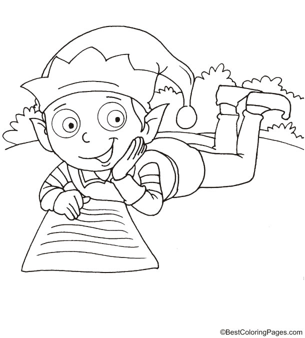 Elf reading a Christmas note coloring page