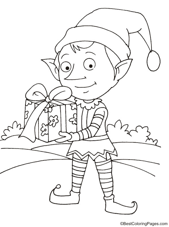 Elf with a christmas present coloring page