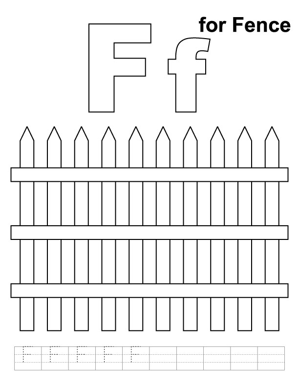 F for fence coloring page with handwriting practice 