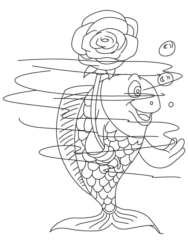 Fish holding a rose coloring page
