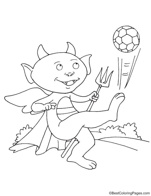 Funny devil playing football coloring page