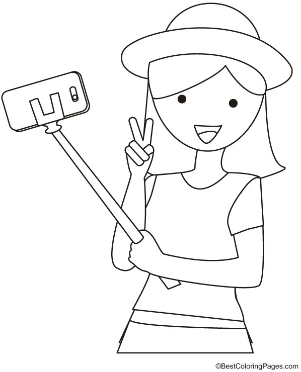 Girl with selfie stick coloring page