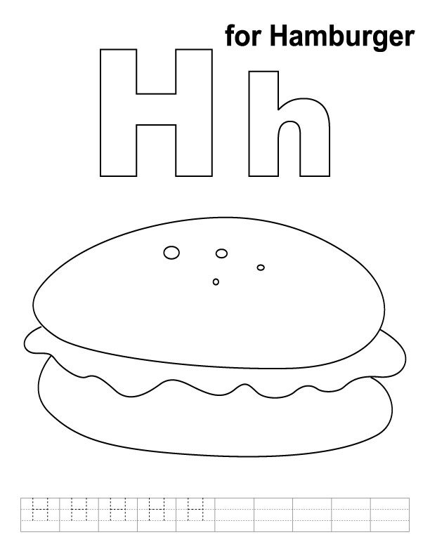 H for hamburger coloring page with handwriting practice 