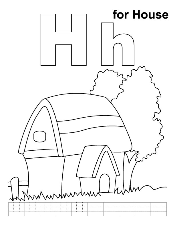 H for house coloring page with handwriting practice 