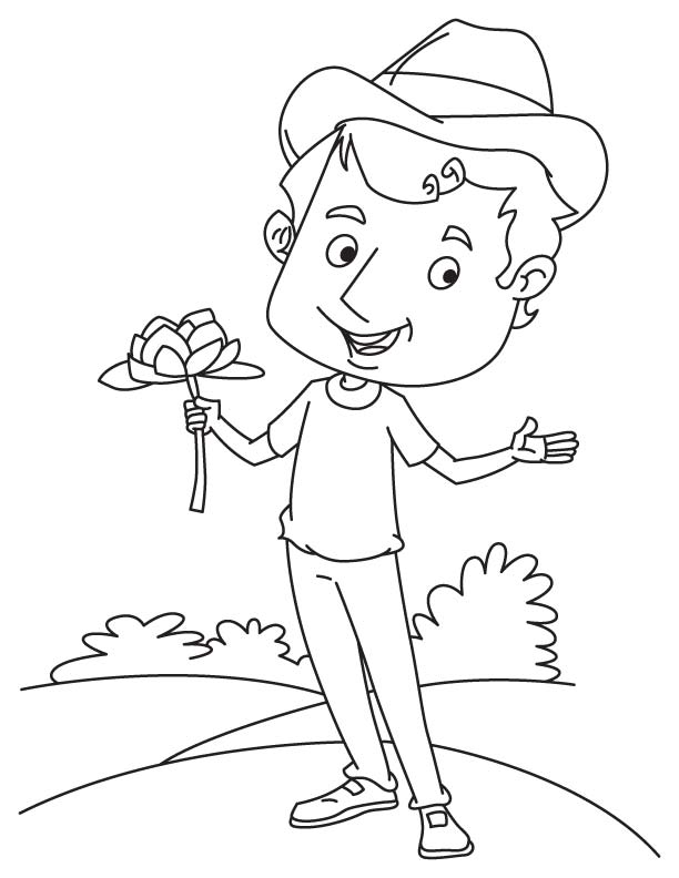 Happy man with water lily coloring page