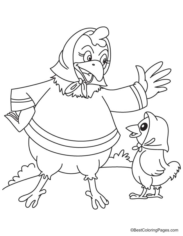 Hen giving training chick coloring page