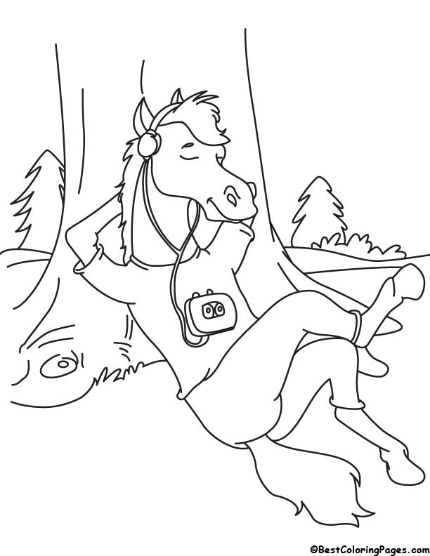 Horse listening to music coloring page