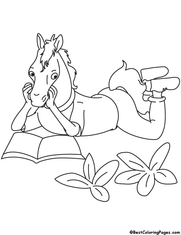 Horse reading coloring page