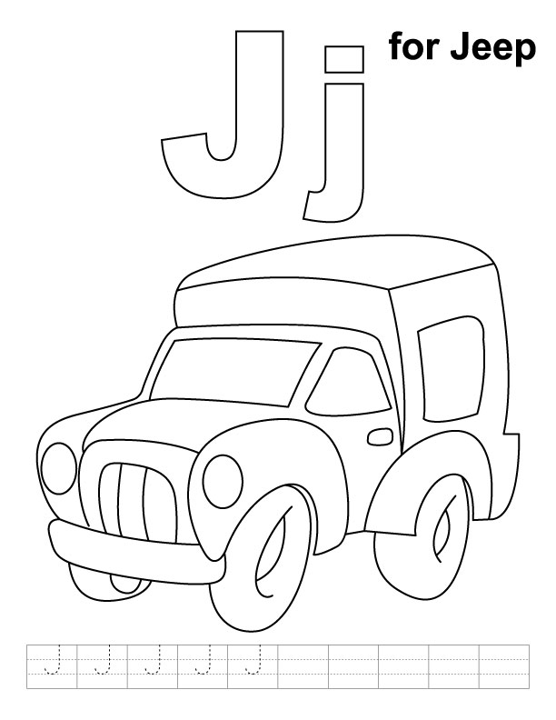 J for jeep coloring page with handwriting practice