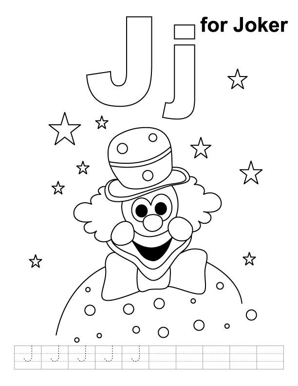 J for joker coloring page with handwriting practice