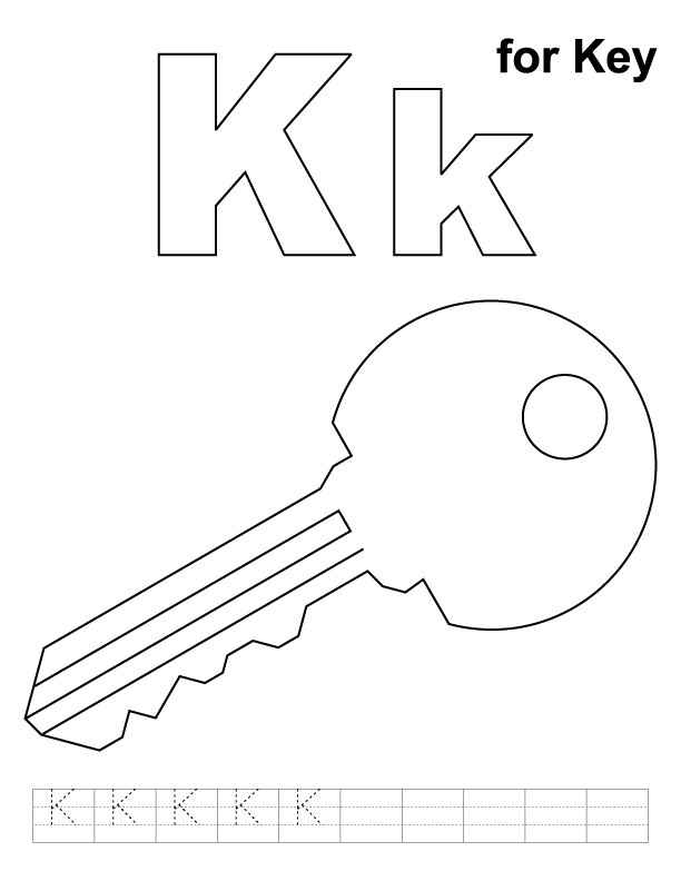 K for key coloring page with handwriting practice