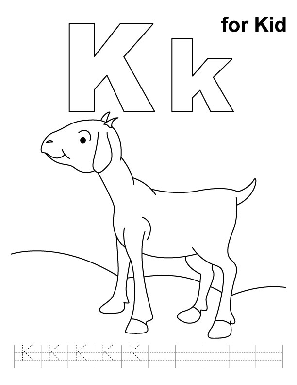 K for kid coloring page with handwriting practice